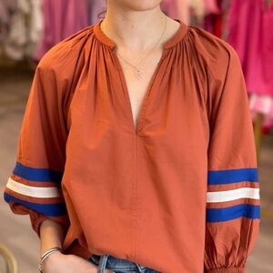 Anthropologie - Sundry - Terracotta Varsity Blouse with Blue and White Stripes